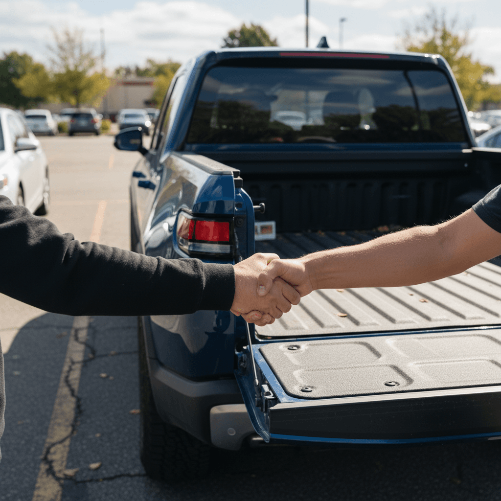 Seller and buyer shaking hands beside a clean Rivian R1T after a successful test drive in a public parking lot