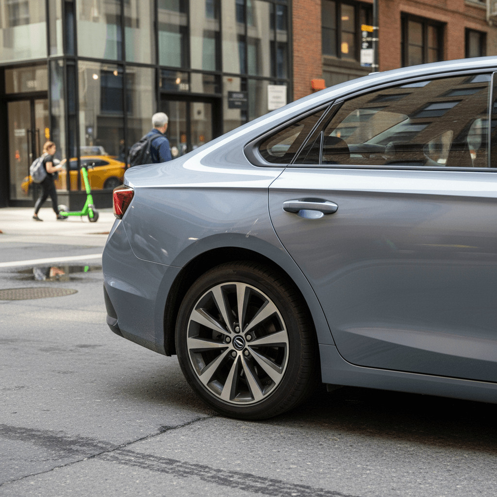 A modern hybrid car driving through a city, representing efficient urban commuting