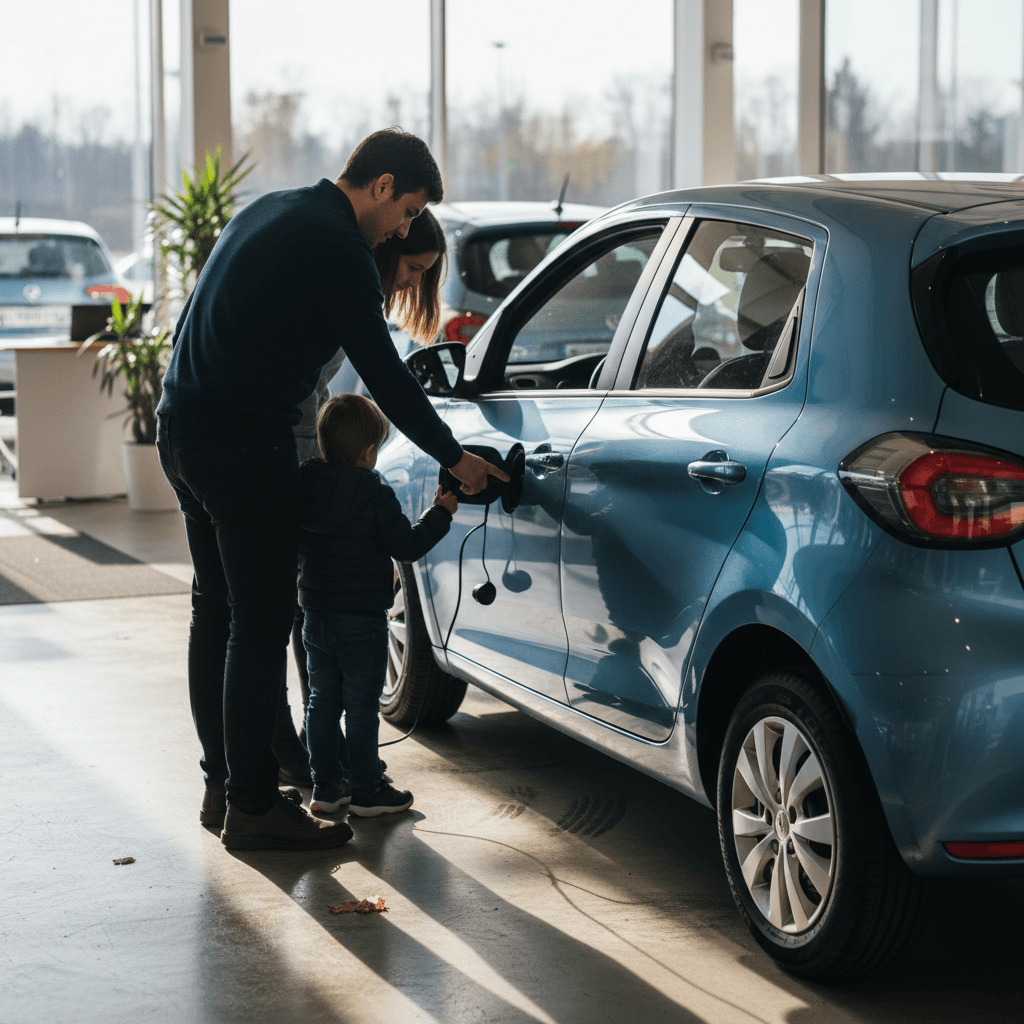 Shopper finalizing a used small car purchase at a dealership