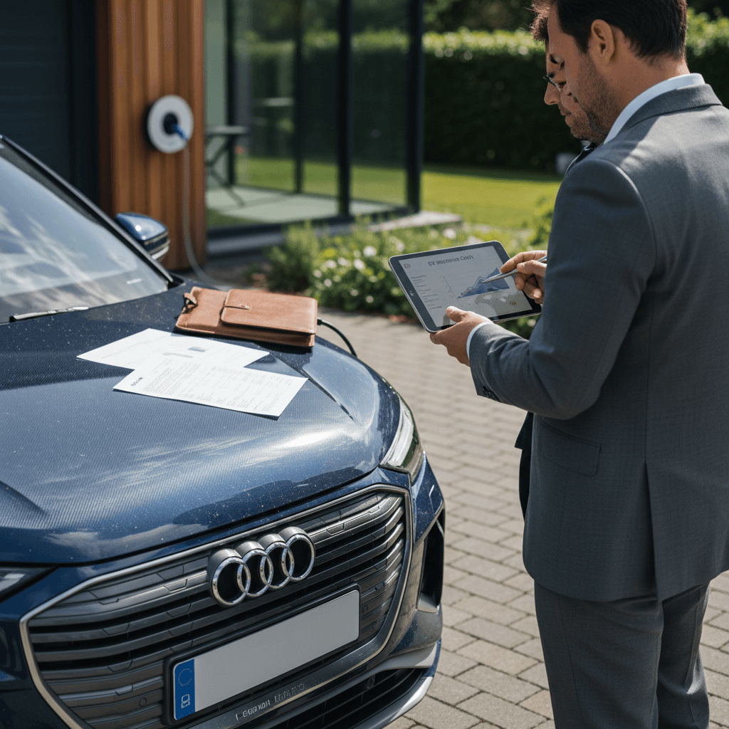 Audi Q4 e-tron driver talking with an insurance agent outside a home about policy options