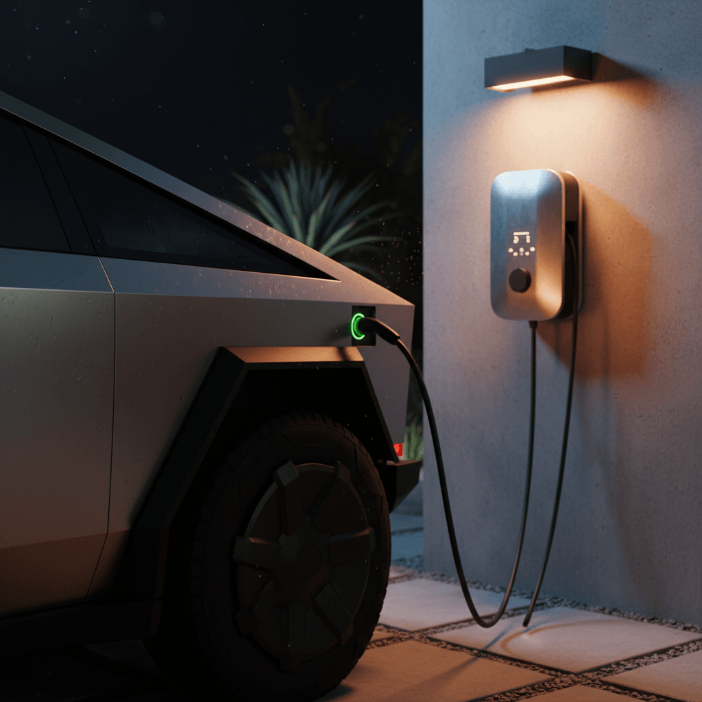 Tesla Cybertruck plugged into a Level 2 home charger in a modern residential garage at night