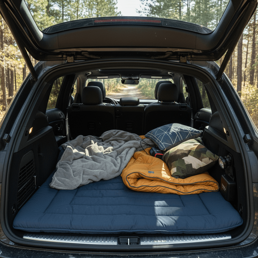 Rear area of an electric SUV similar to an EQE with seats folded down and a camping mattress laid out for sleeping