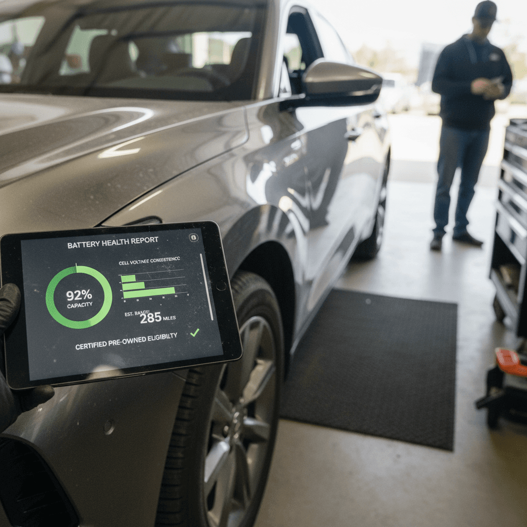 Used Acura ZDX being inspected by an appraiser reviewing an EV battery health report on a tablet