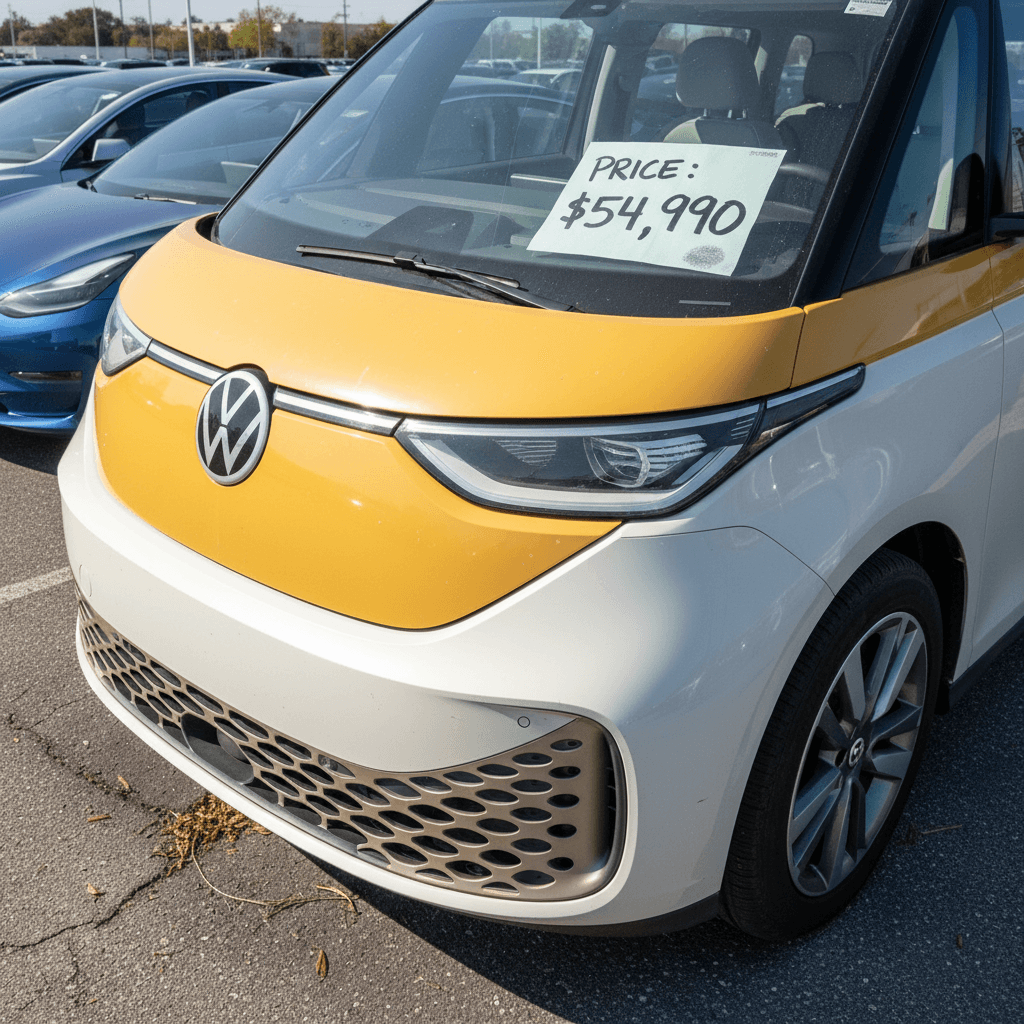 A used 2024 Volkswagen ID. Buzz parked at a dealership row, with a price tag visible in the window