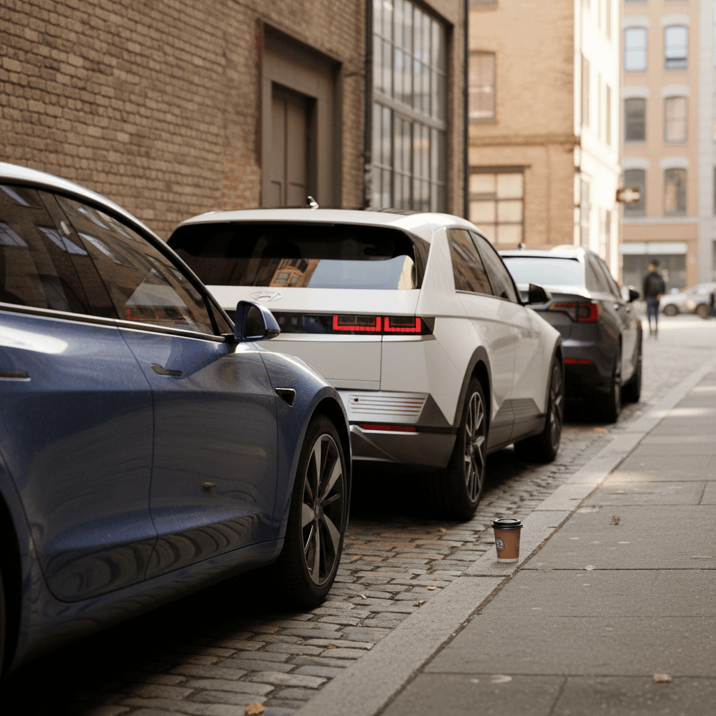 Lineup of popular rear-wheel-drive electric cars from different brands parked side by side in an urban setting