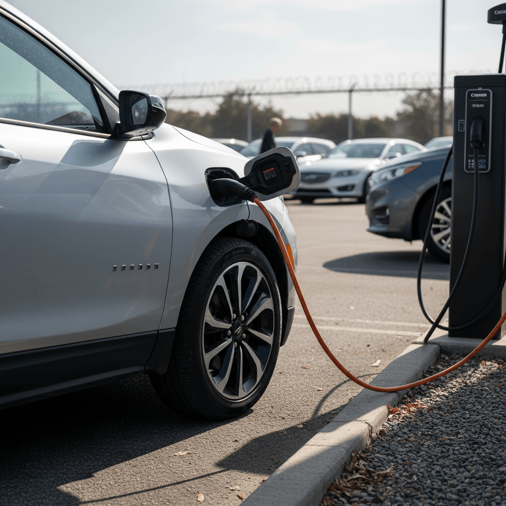 Used Chevrolet Equinox EV parked on a retail lot while plugged into a Level 2 charging station