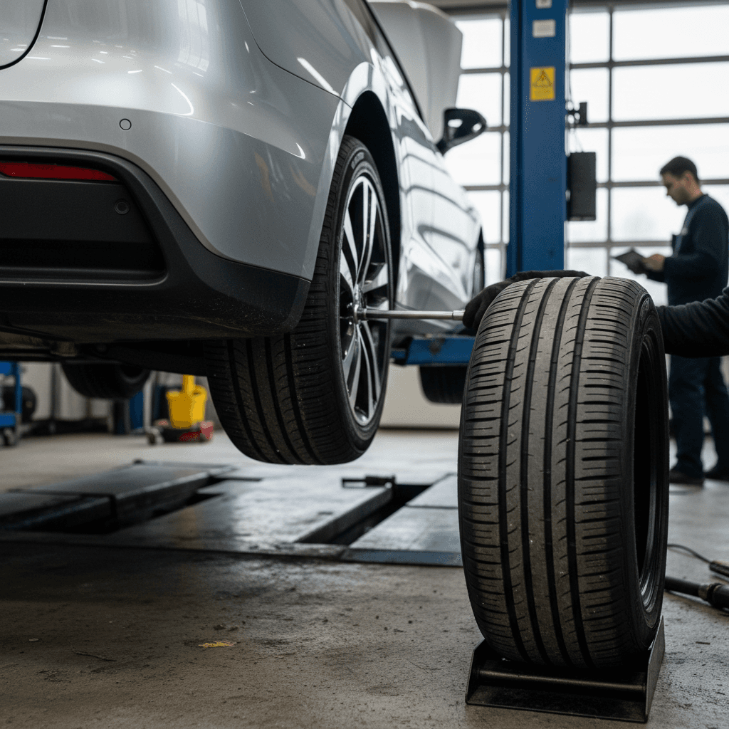 Mechanic inspecting an electric vehicle tire on a lift in a service bay