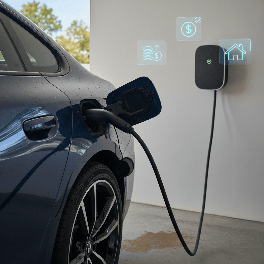 BMW i4 charging at a home Level 2 wallbox with icons for electricity, insurance, and maintenance costs.