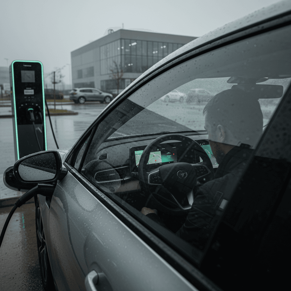 Driver monitoring an electric car’s remaining range on the dashboard while parked at a public charging station, illustrating how modern EVs give clear range information.