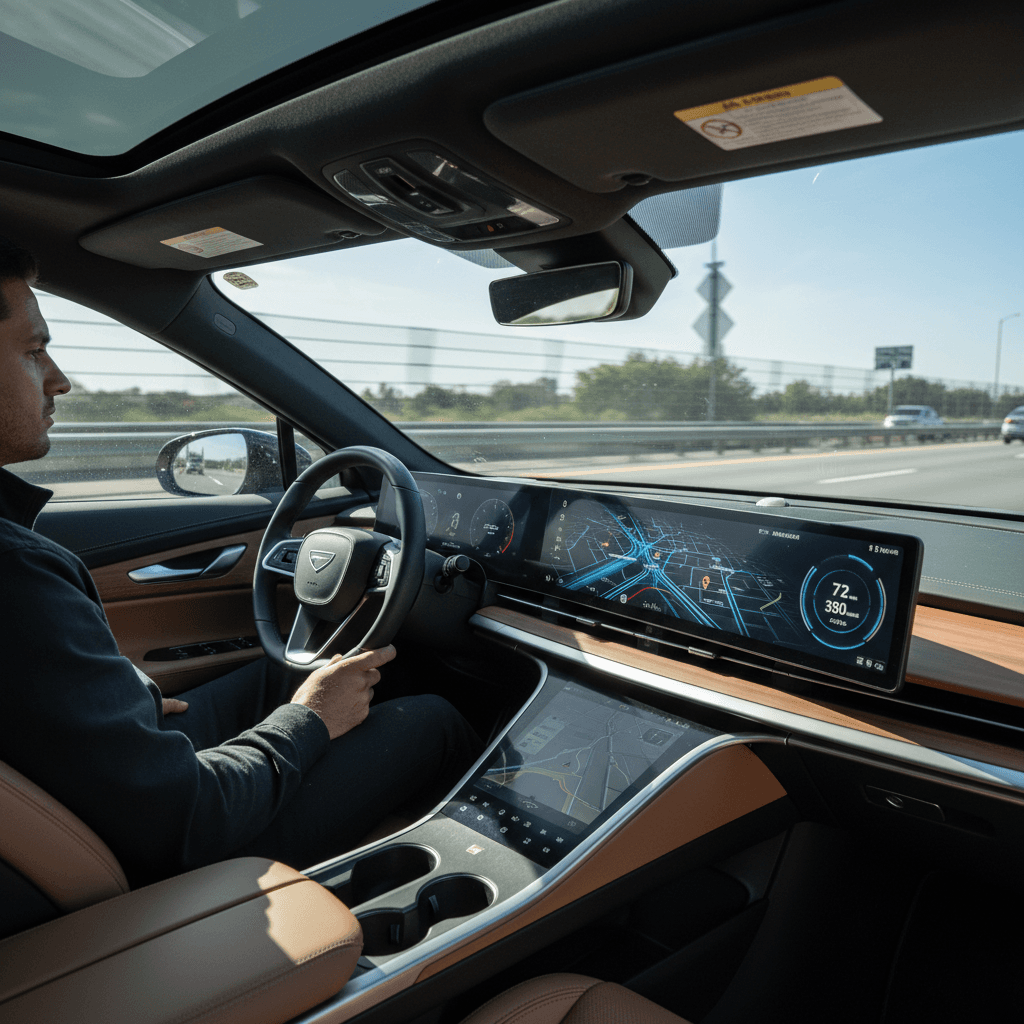 Driver’s view inside a Lucid Air showing digital cluster and central screen while cruising on the highway