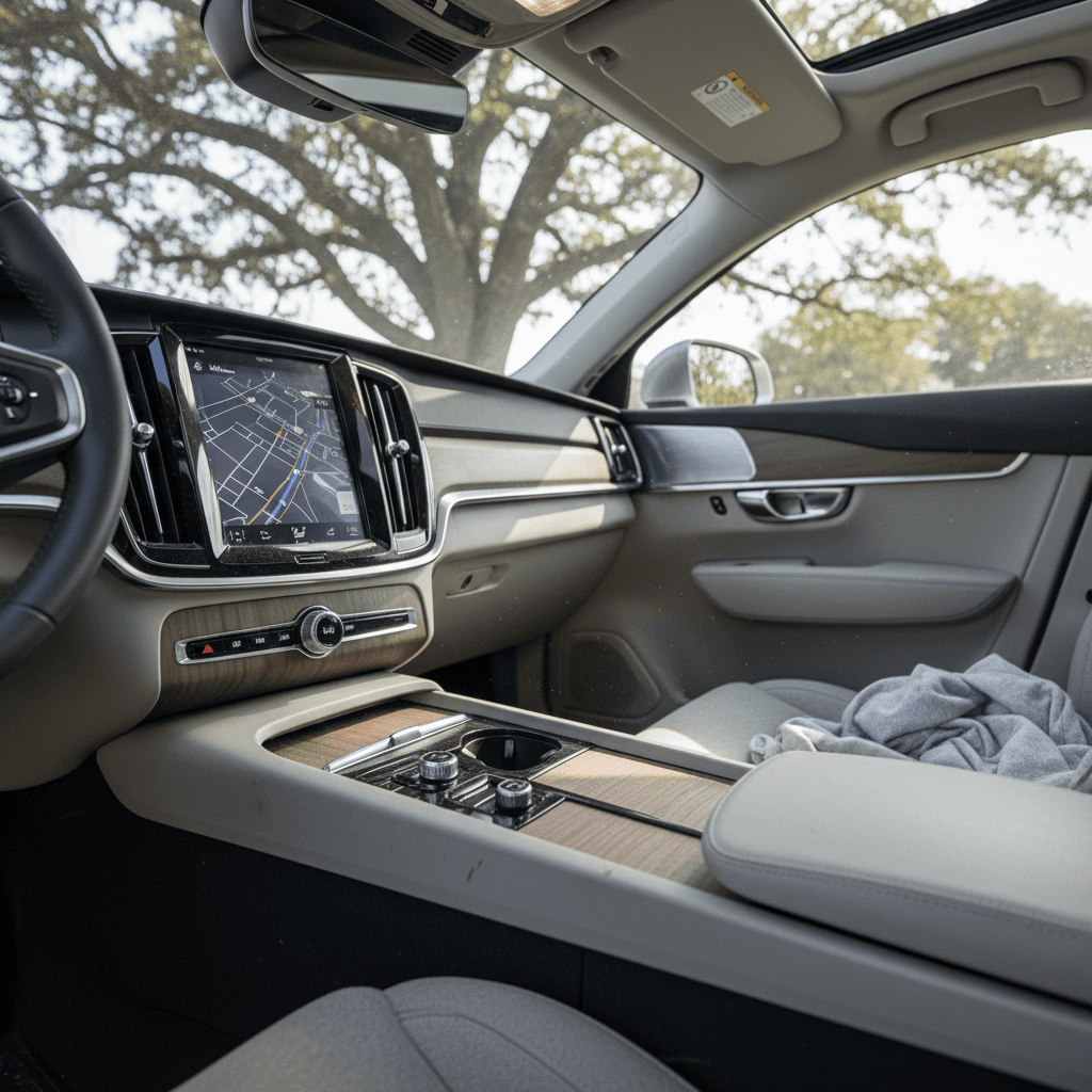 View of the Volvo EX90 interior showing three rows of seating and the large center touchscreen, emphasizing family practicality and tech