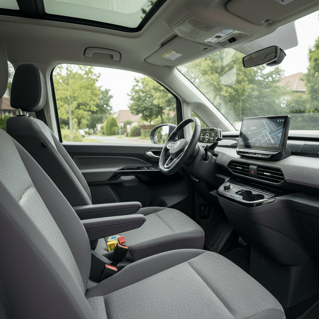 Three-row interior of a Volkswagen ID. Buzz showing bright upholstery and large digital displays