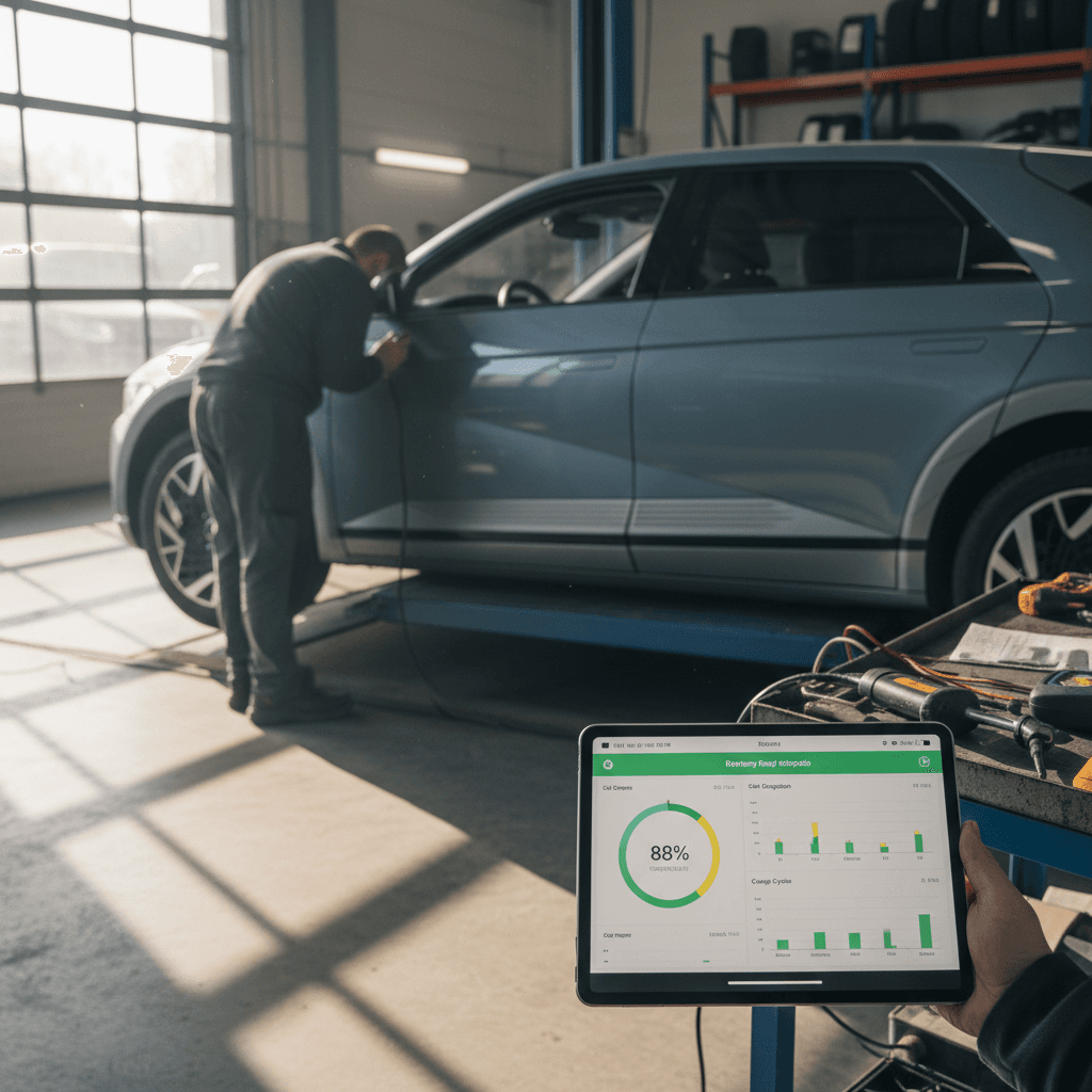 Technician reviewing a Hyundai Ioniq 5 battery health report on a tablet during trade-in appraisal