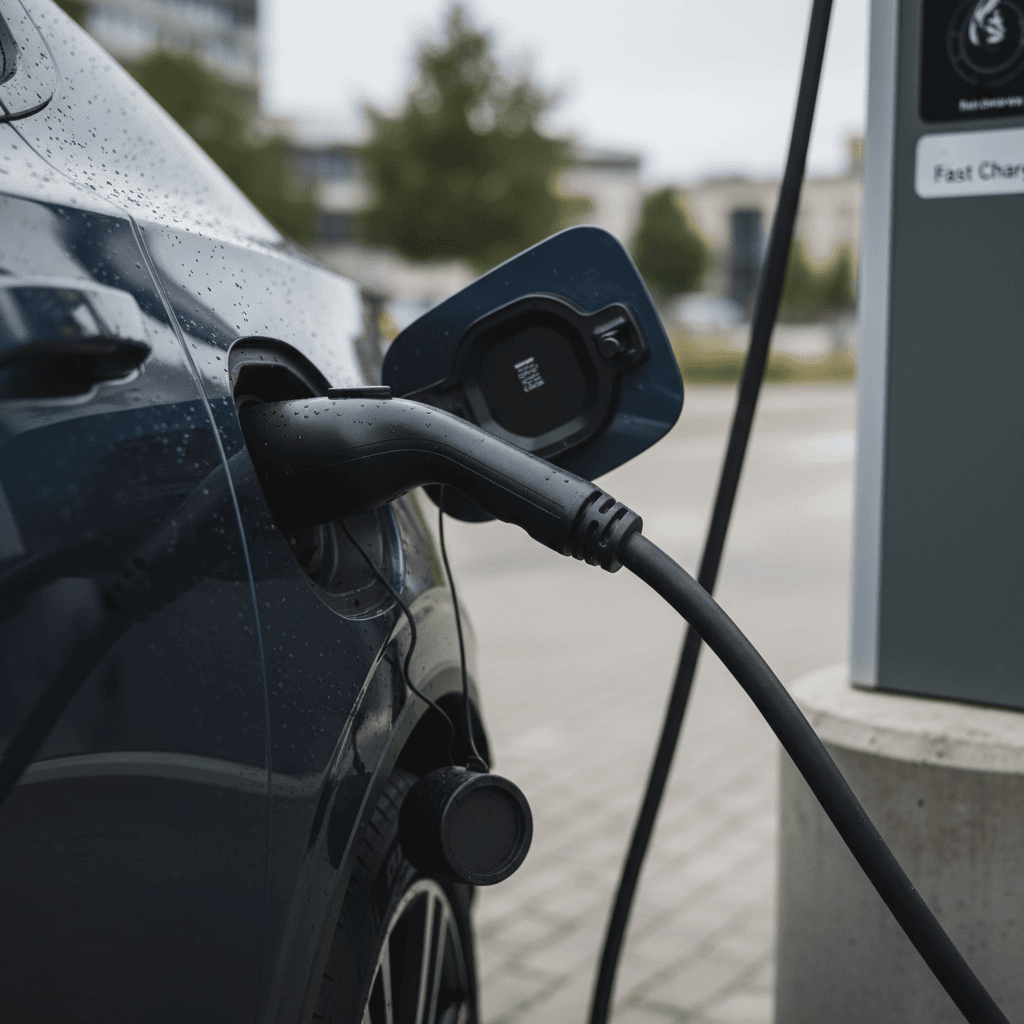 Close-up of a Polestar 2 charging port and cable plugged into a public EV charger