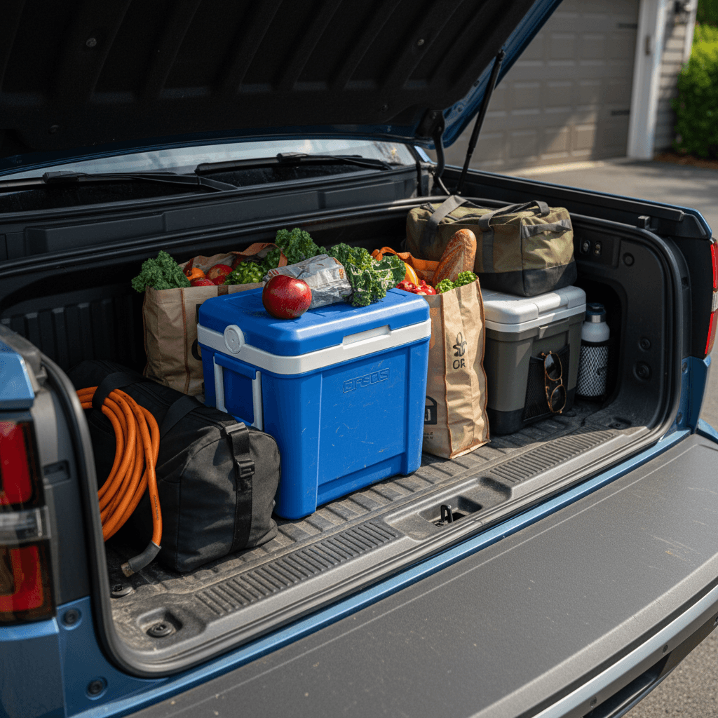 Electric pickup truck frunk neatly packed with groceries, cooler, charging cable, and small duffel bags