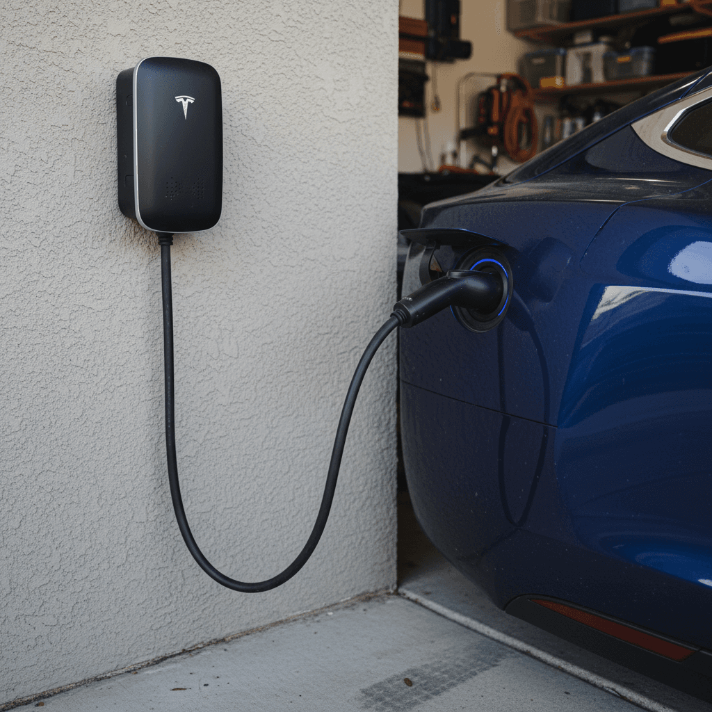 Tesla Wall Connector mounted on a garage wall charging a Tesla Model S with cable neatly coiled