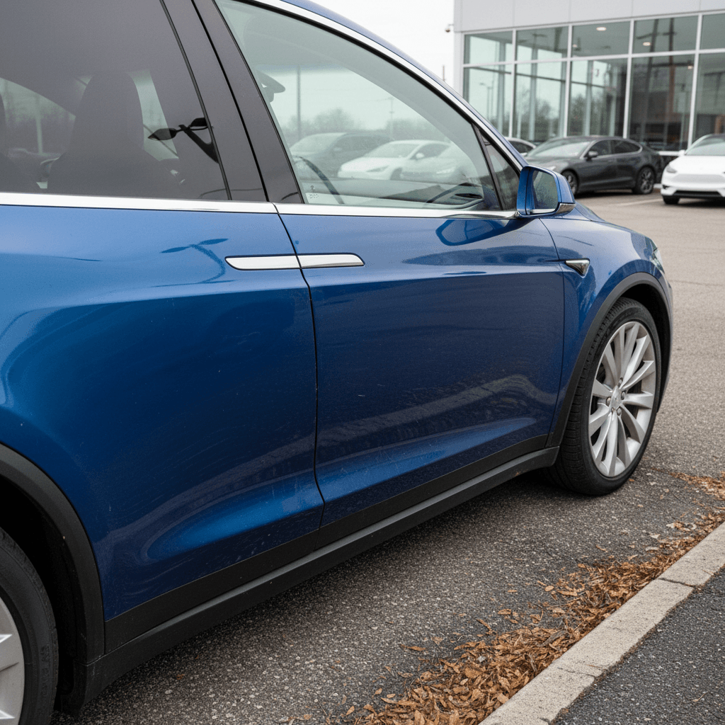 Used Tesla Model X parked on a dealer lot, highlighting paint condition and wheel wear