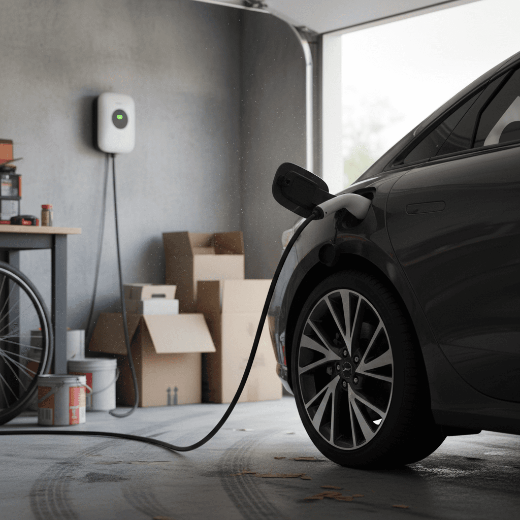 Hyundai Ioniq 6 charging on a Level 2 wallbox in a residential garage