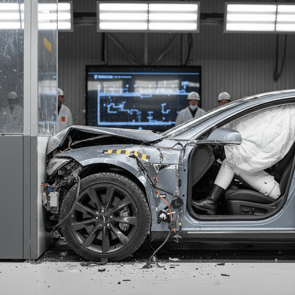 Rivian R1T pickup parked near a crash-test facility with visible sensors and robust body structure