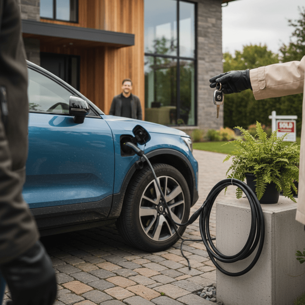 Owner handing keys to a buyer next to a Volvo EX30, both reviewing EV paperwork before completing the sale