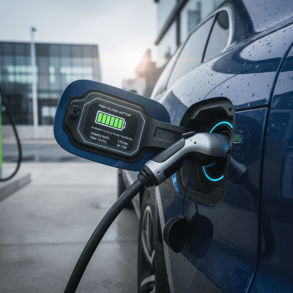 Charging cable plugged into the charge port of a Porsche Macan Electric SUV, representing the high-voltage battery system