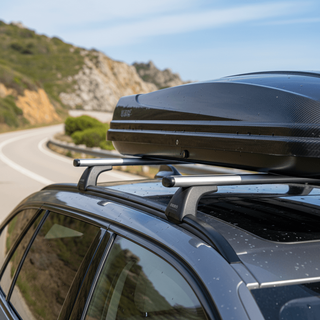 BMW i5 Touring with low-profile roof box and crossbars mounted on factory rails