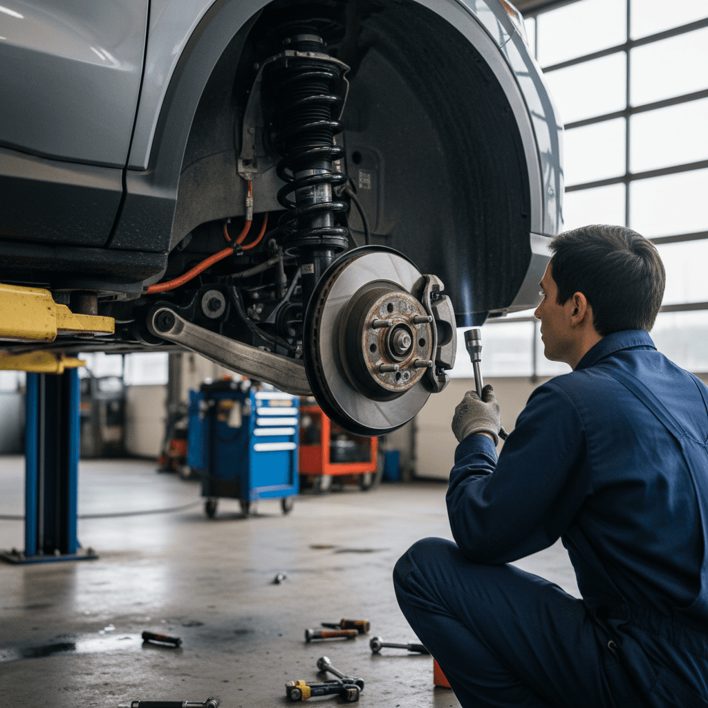 Mechanic inspecting the front suspension components and axle of a Honda Prologue on a lift