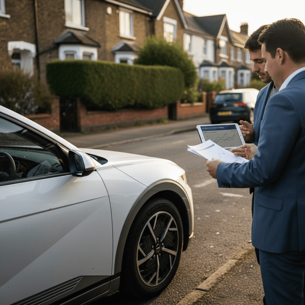 Hyundai Ioniq 5 parked on quiet residential street while owner reviews insurance options
