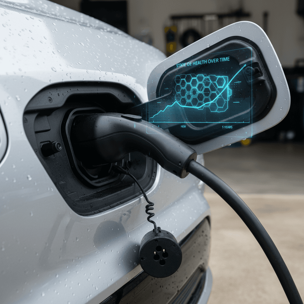 Chevrolet Equinox EV plugged into a home Level 2 charger, with a battery health graphic overlay indicating long-term durability