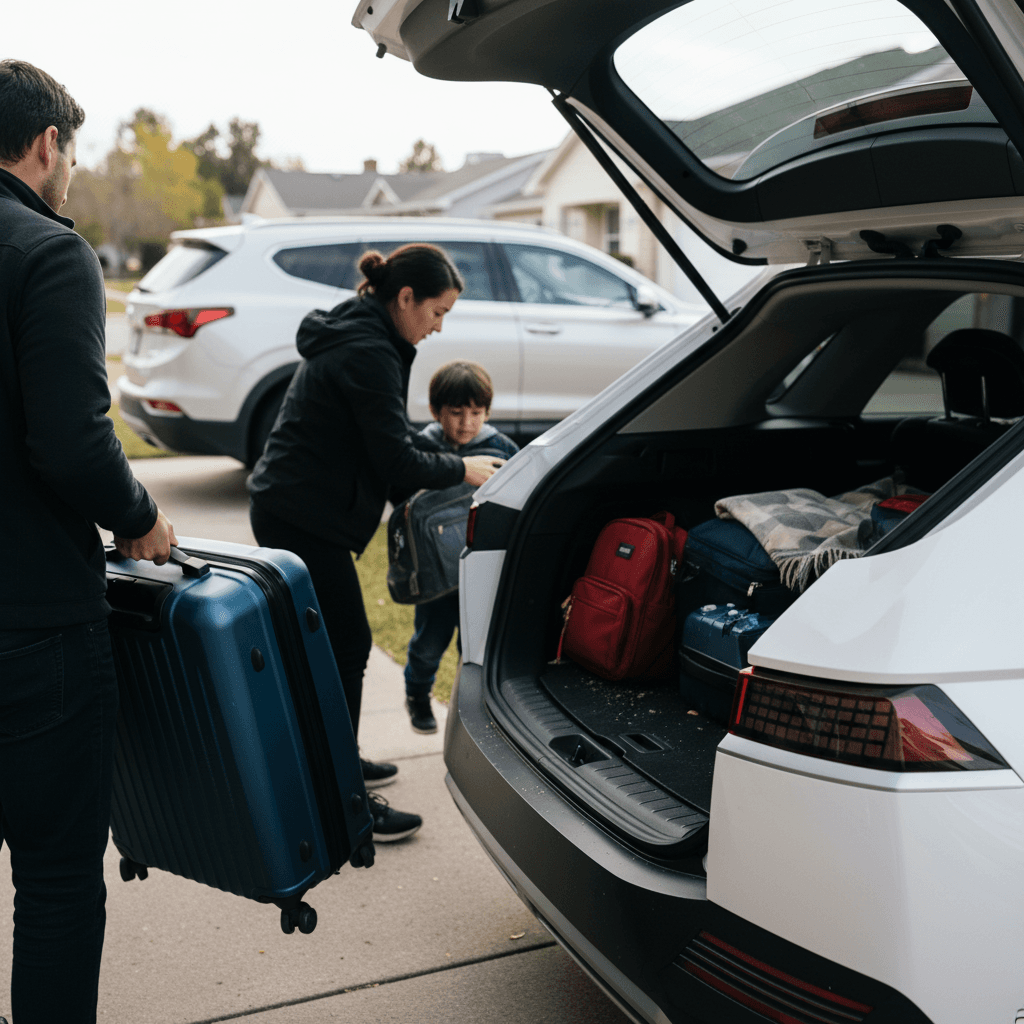 Family loading luggage into the rear cargo area of a Hyundai Ioniq 5 parked in a driveway