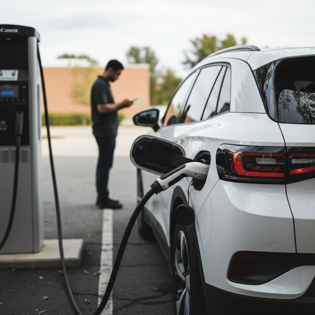 Volkswagen ID.4 charging at a public DC fast charger, rear three-quarter view in an urban setting