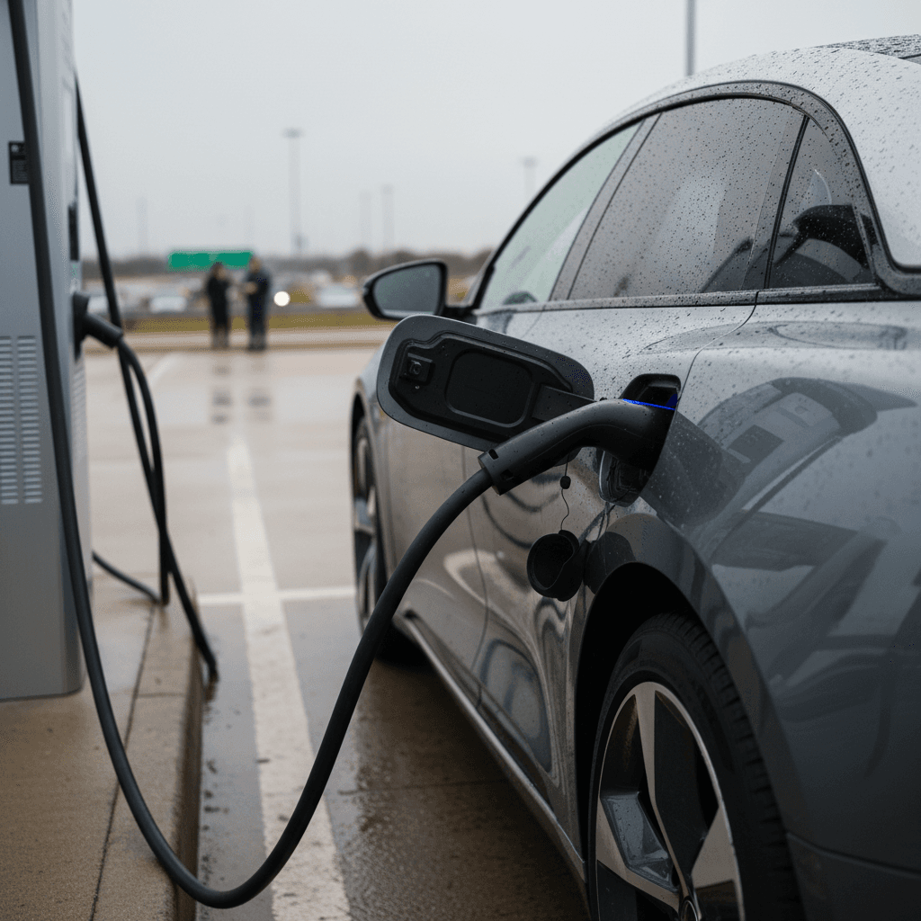 Lucid Air electric sedan plugged into a highway DC fast charger with other EVs in the background