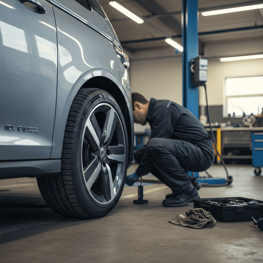 Mechanic inspecting staggered rear tires on a Volkswagen ID. Buzz raised on a lift