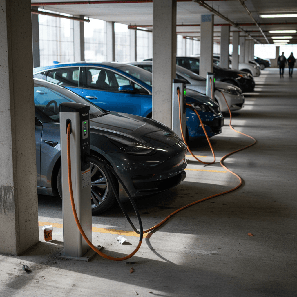 Several EVs charging at Level 2 stations inside a Chicago parking garage