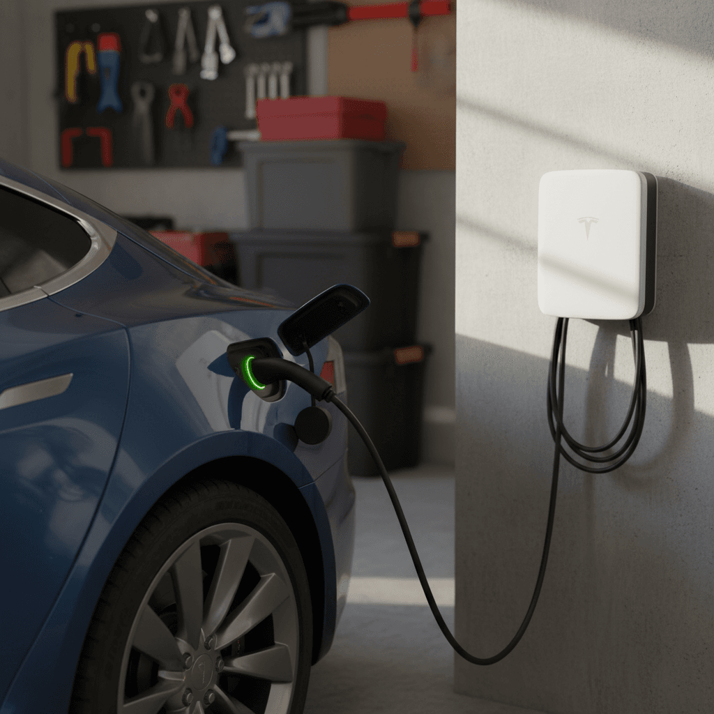 2020 Tesla Model S plugged into a home wall charger in a modern garage