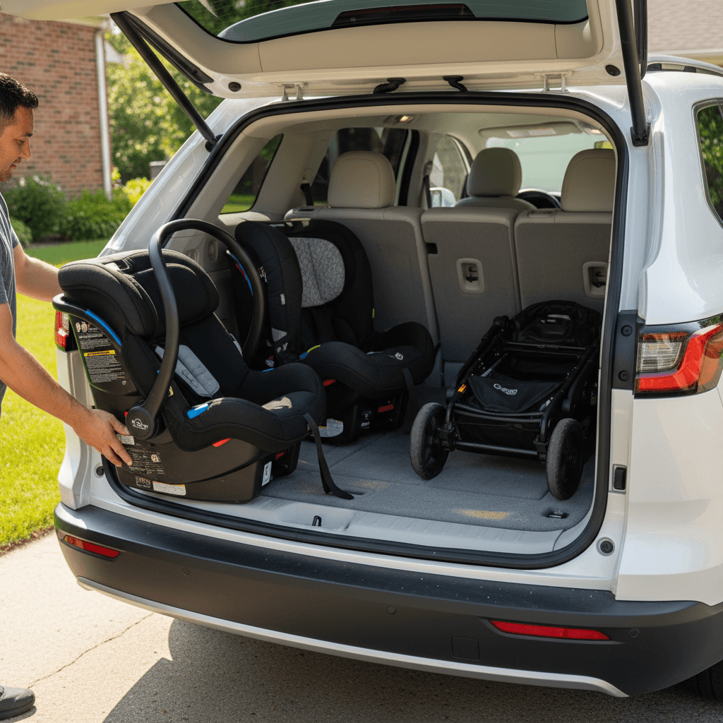 Parents loading kids, car seats, and a stroller into the spacious rear of an electric SUV, highlighting rear seat and cargo room