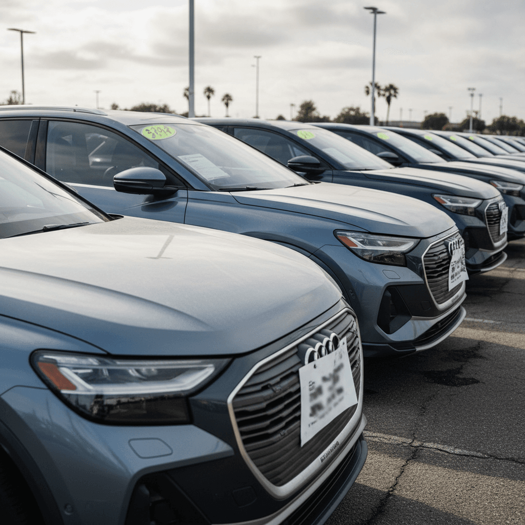 Row of used Audi Q4 e-tron SUVs lined up at a dealership with price stickers in the windows