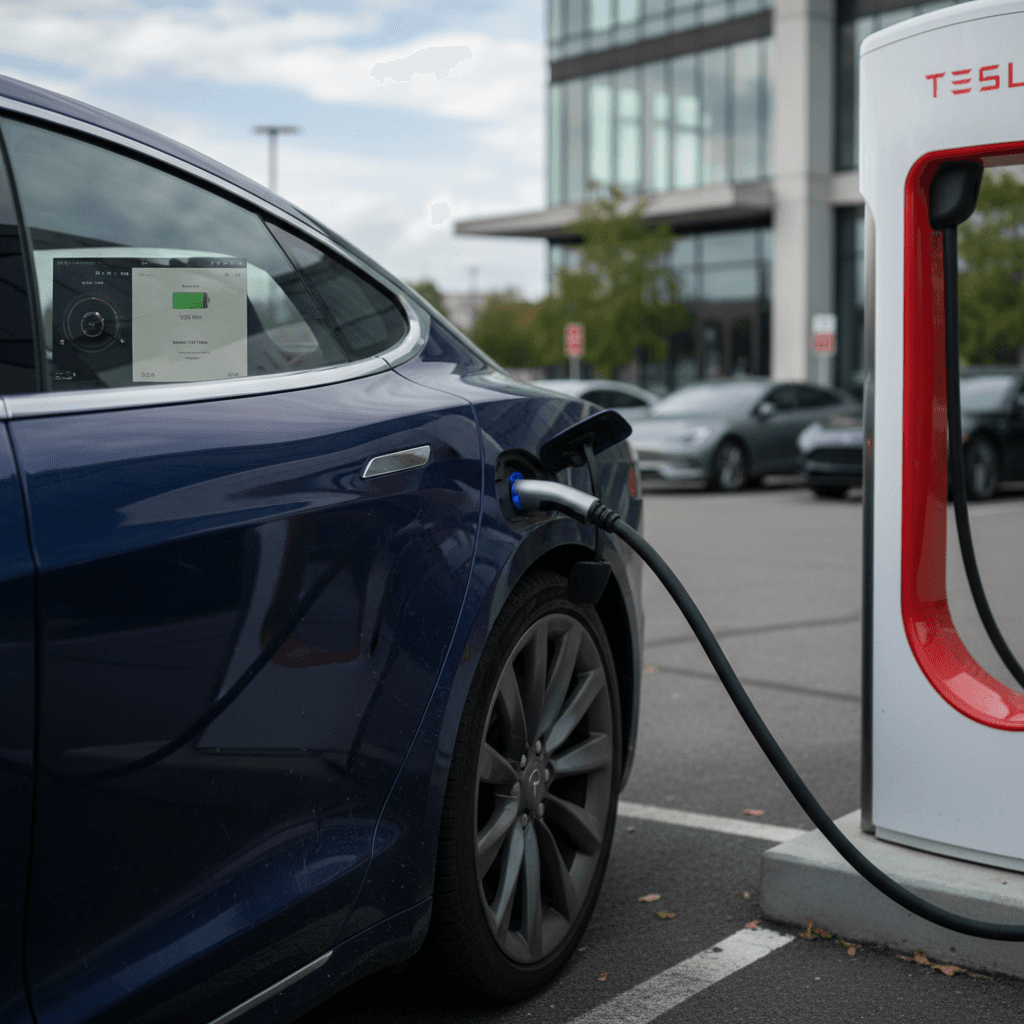 A 2020 Tesla Model S charging at a Supercharger with its touchscreen showing battery state of charge and estimated range