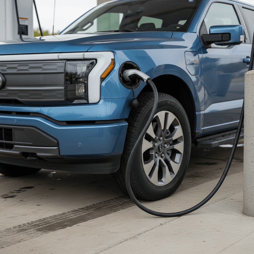 2023 Ford F-150 Lightning plugged into a home Level 2 charger with charging port illuminated