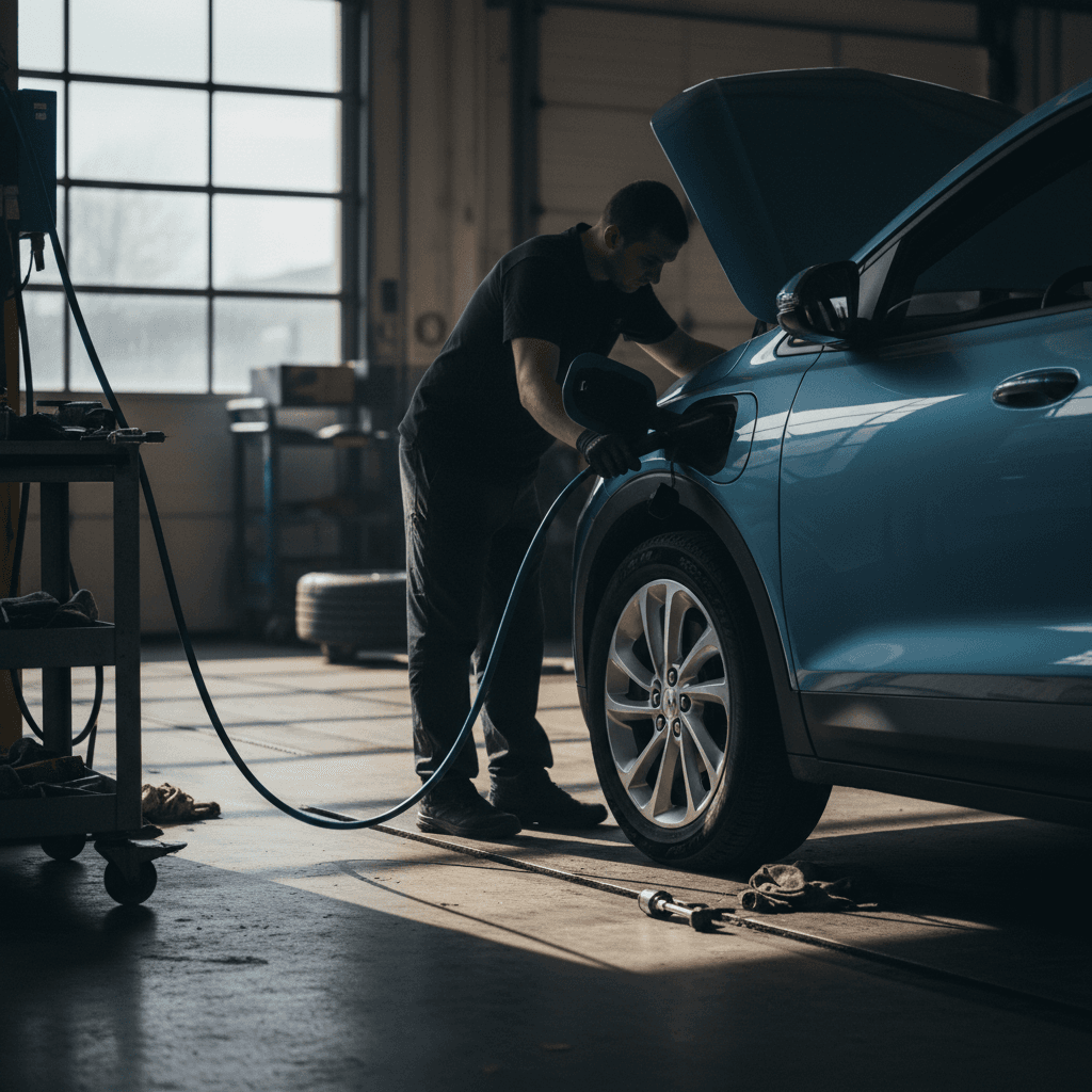 Technician checking front suspension and charging port on a 2022 Chevrolet Bolt EUV in a service bay