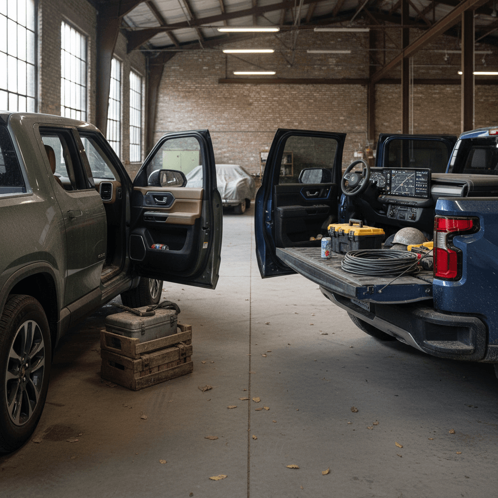 Interior and side profiles of a Rivian R1T and Chevy Silverado EV showing cabin comfort and bed design