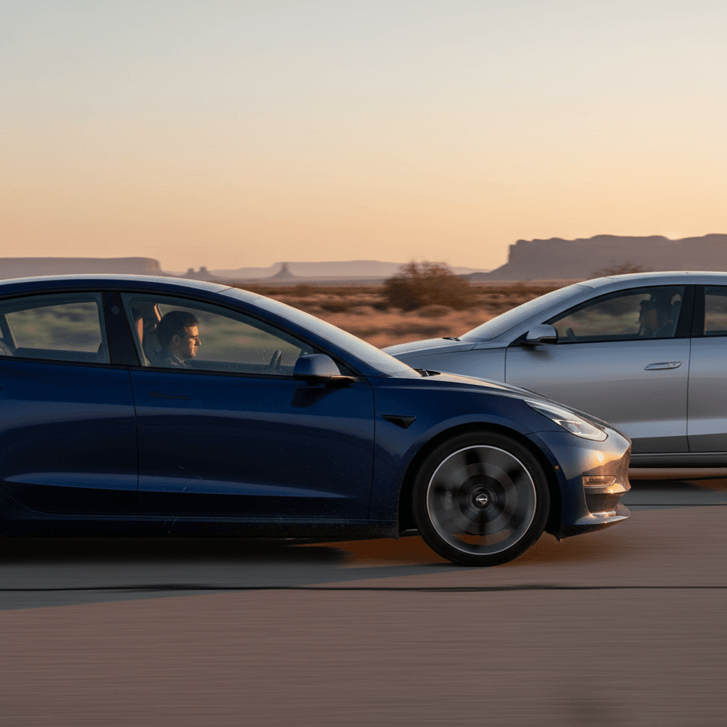 Tesla Model 3 and Hyundai Ioniq 6 driving together on a highway, emphasizing sleek aerodynamics of both EV sedans