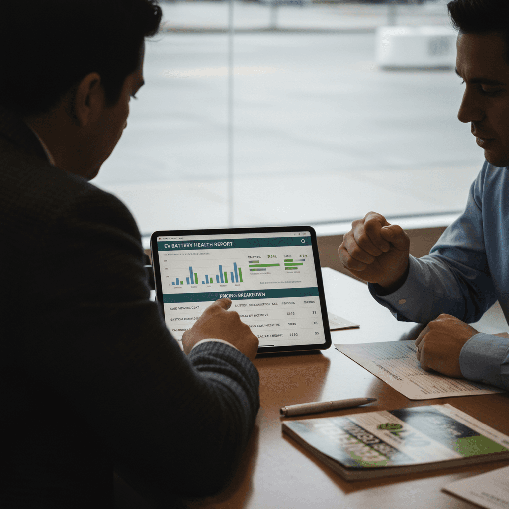 Customer and EV specialist reviewing a used electric vehicle battery health and pricing report at a desk