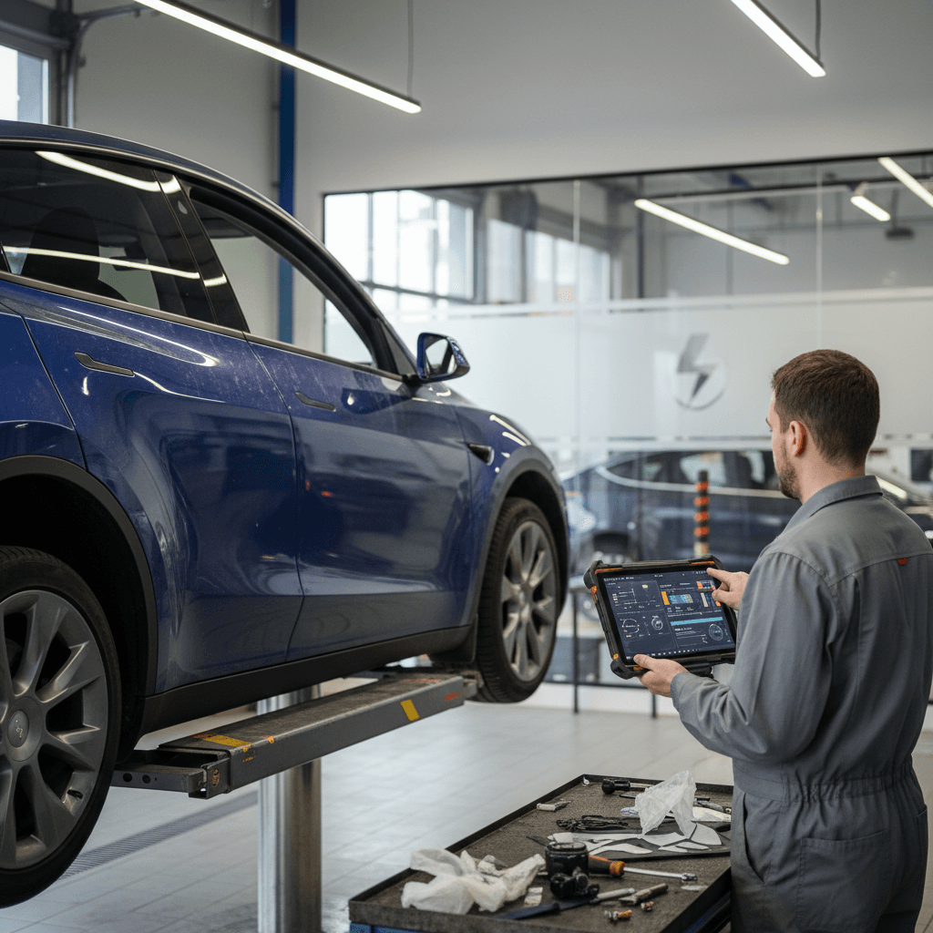 Technician reviewing a 2022 Tesla Model Y battery health report on a tablet in a showroom