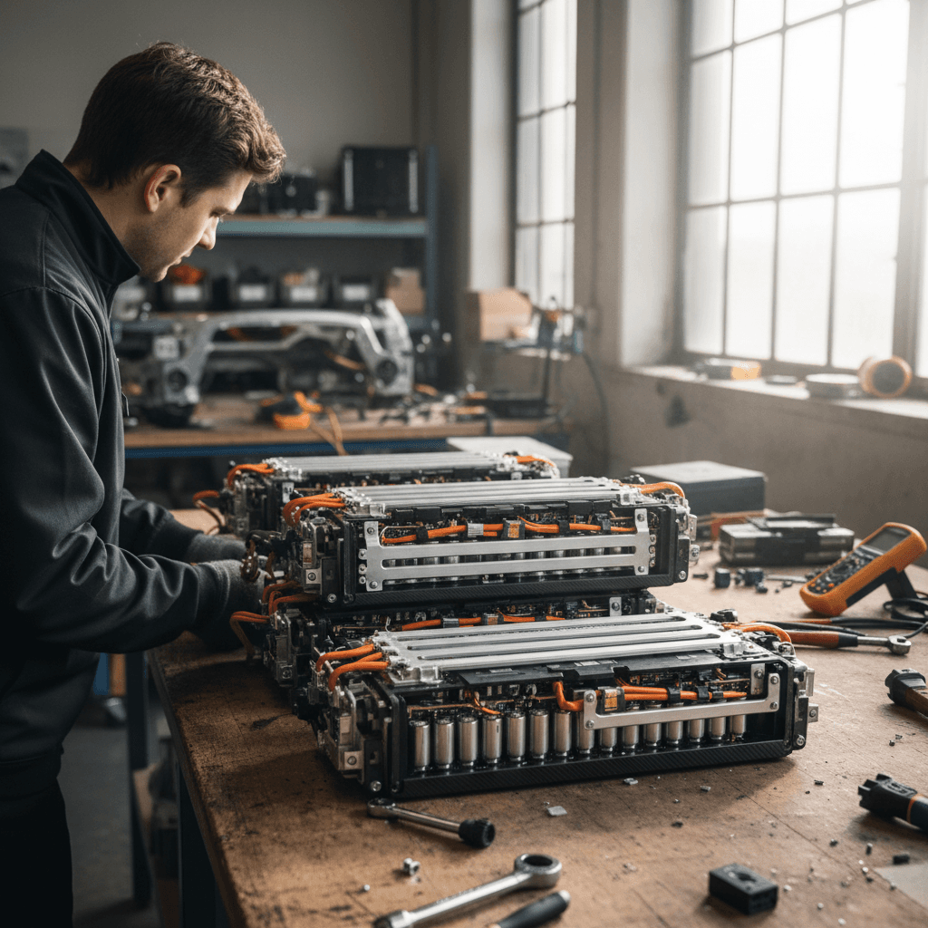Technician examining a large electric SUV battery pack modules on a workbench