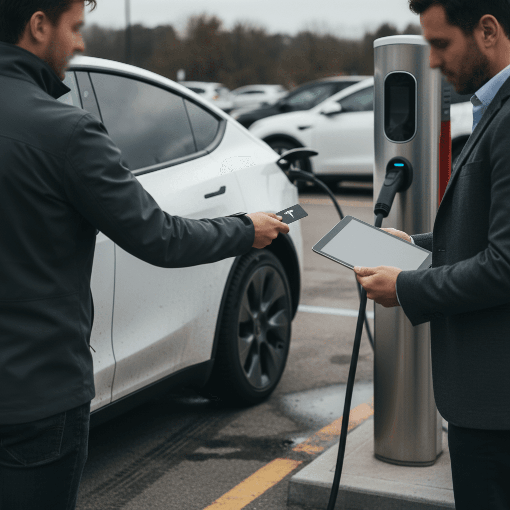 Dealer appraising a Tesla Model Y while checking battery health report on a tablet
