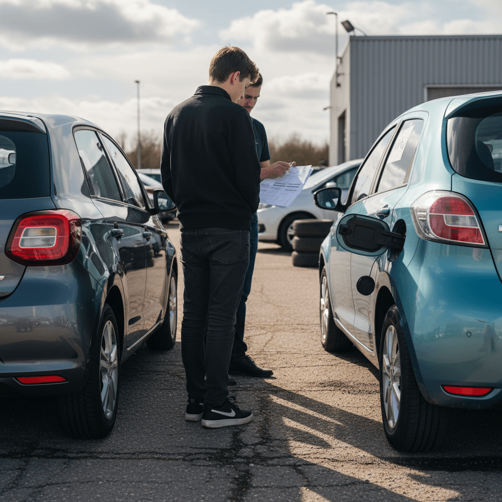 Shopper comparing a compact gas car to a used electric hatchback on a dealer lot