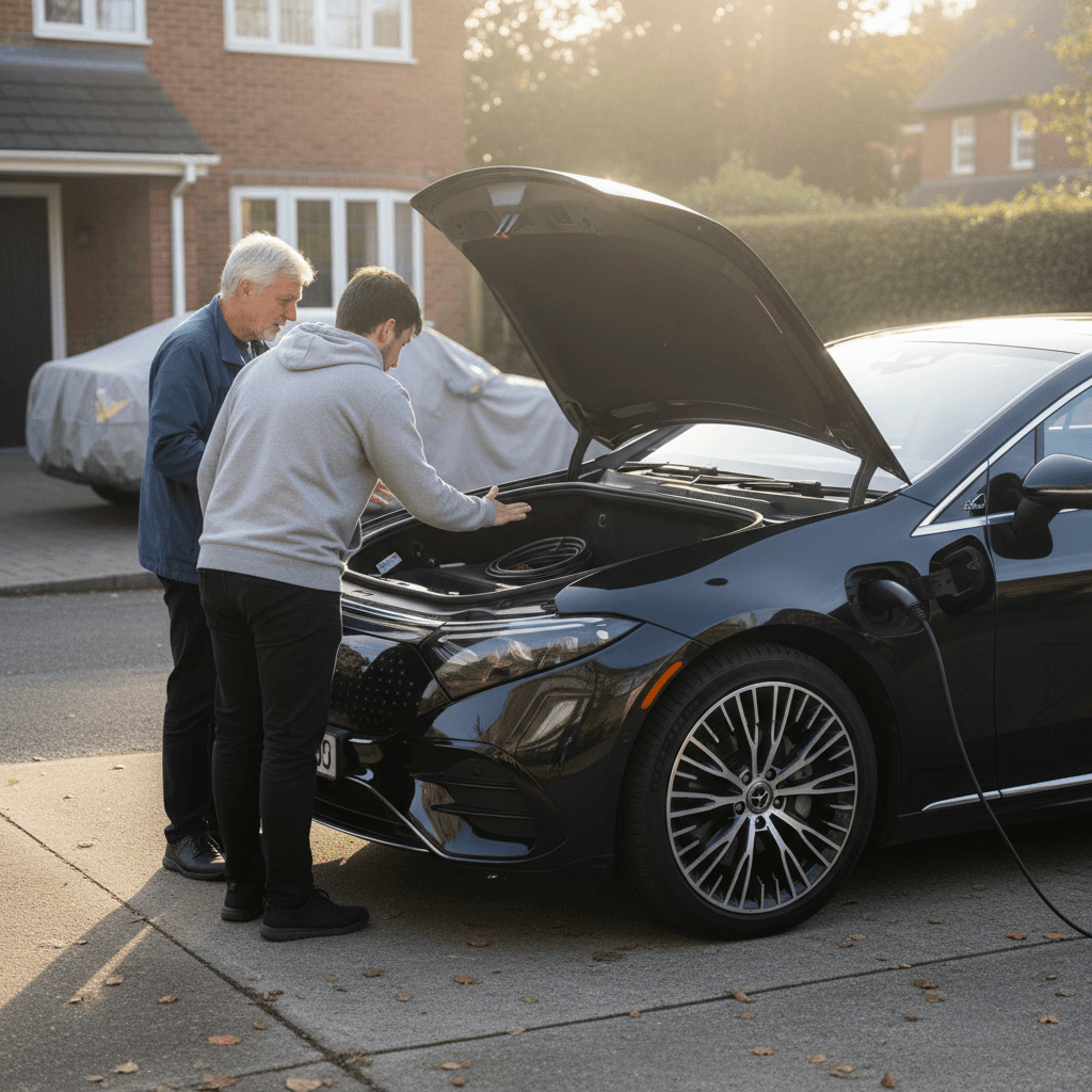 Buyer reviewing a battery health report for a used Mercedes EQE during a pre-purchase inspection
