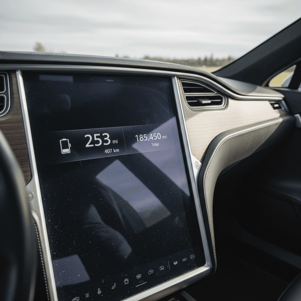 Used Tesla Model X parked on city street with stylized value trend graphics suggesting depreciation and rebound