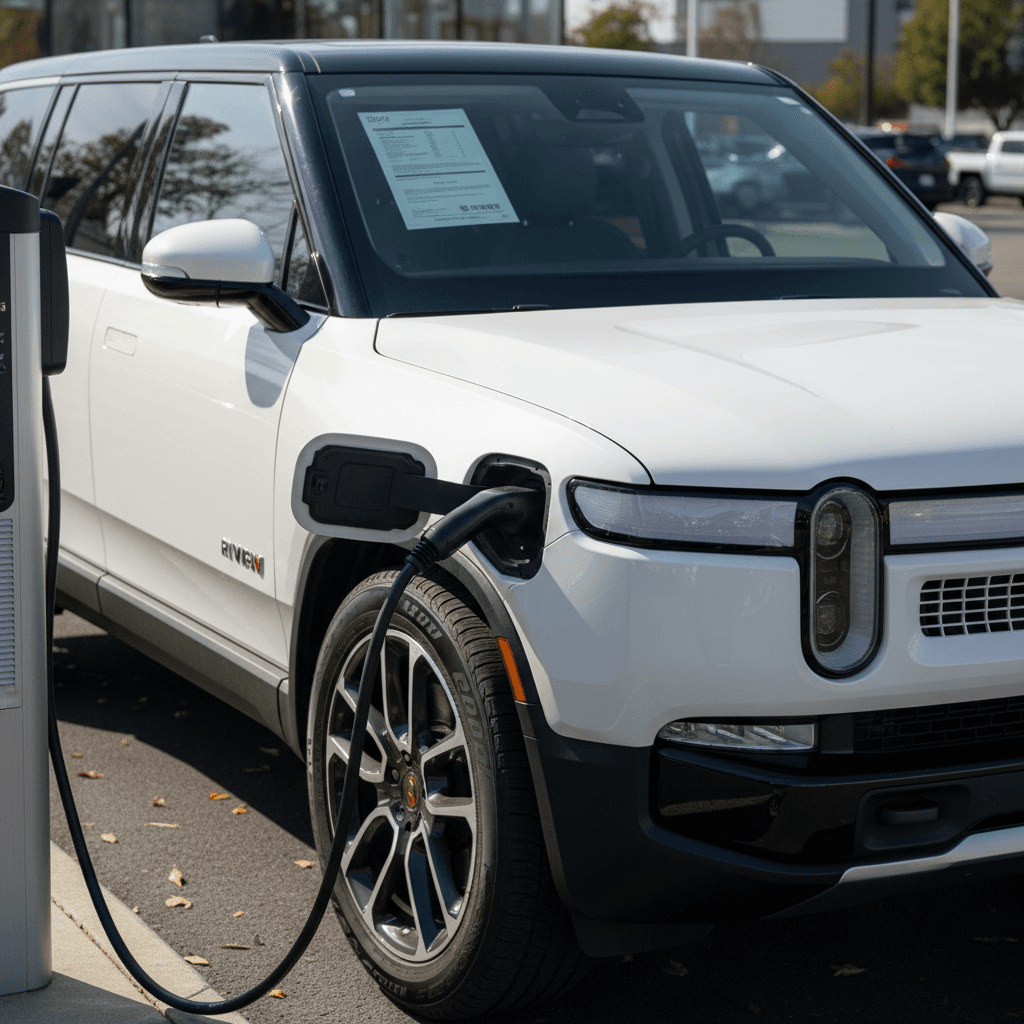 Rivian R1S plugged into a charger at a dealership lot, ready for resale